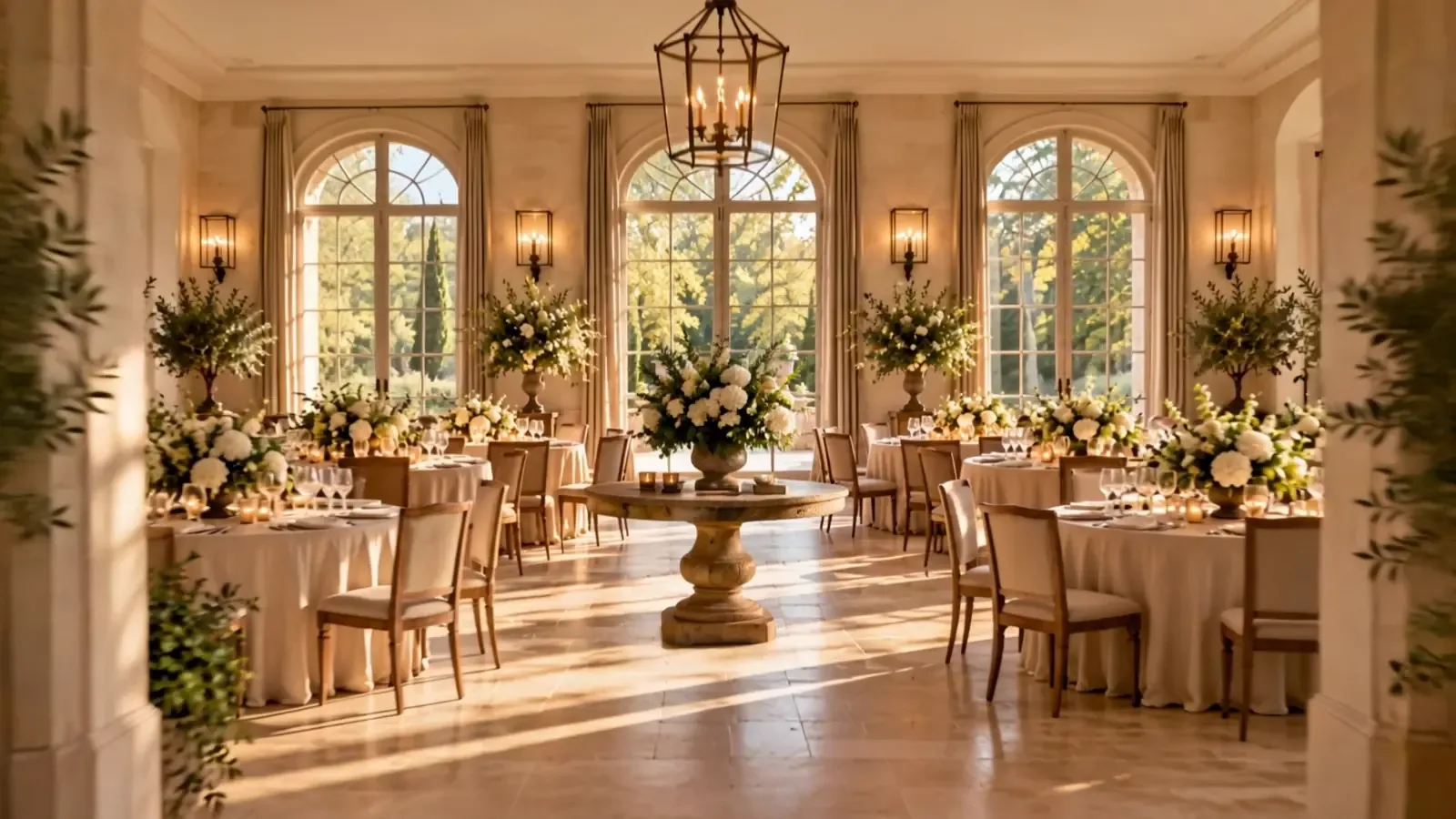 Salle de réception du Domaine des Aulnes, tables dressées et lumière dorée