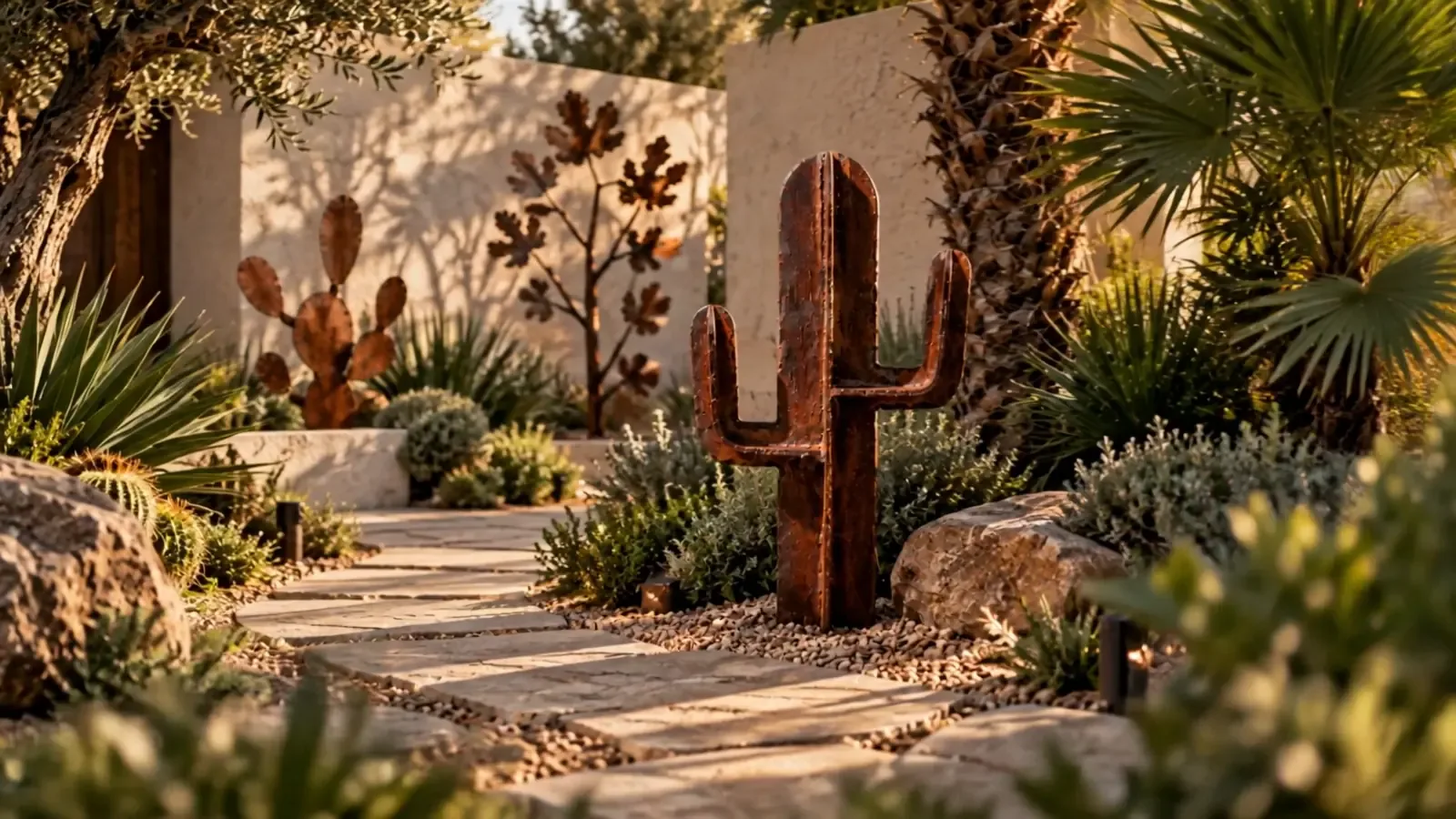 Jardin méditerranéen au soleil couchant, sculptures de cactus en acier rouillé