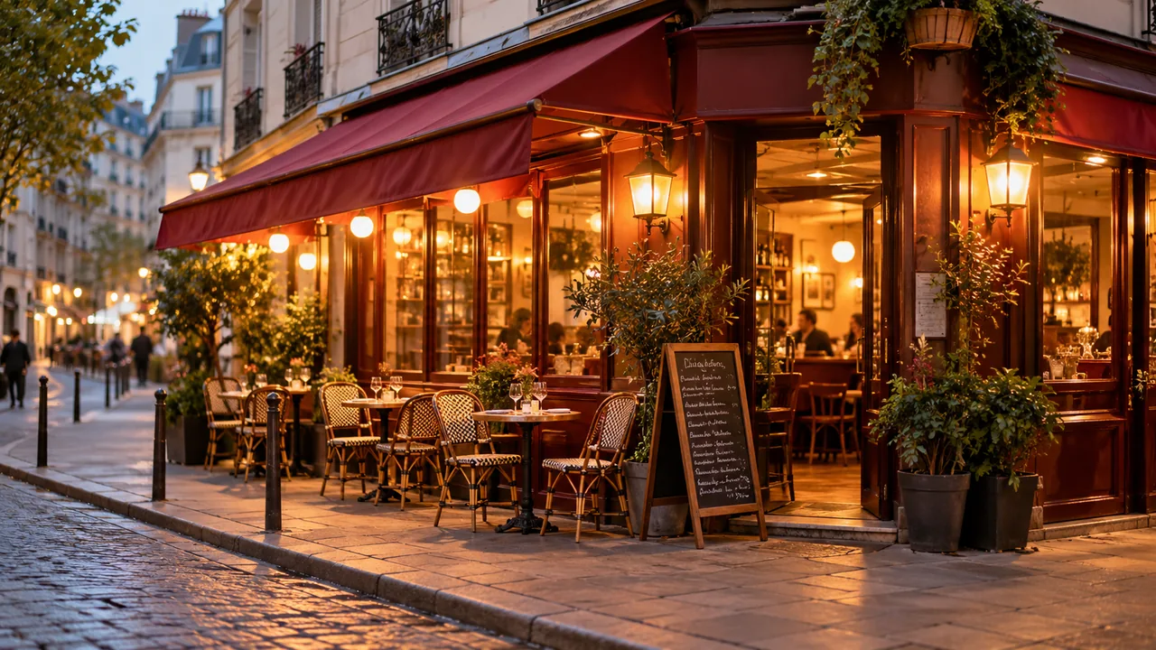 Devanture de bistrot parisien avec terrasse et store rouge