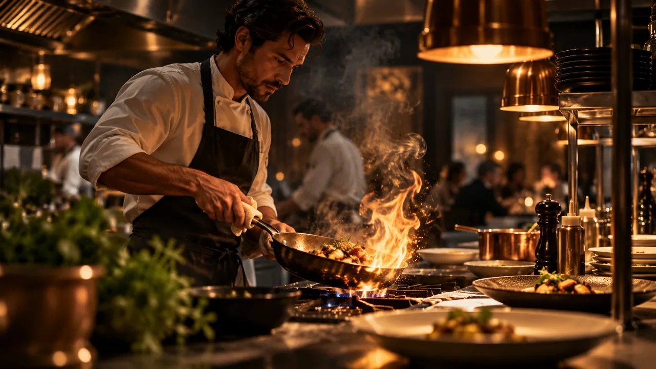 Chef faisant flamber une poêle en cuisine